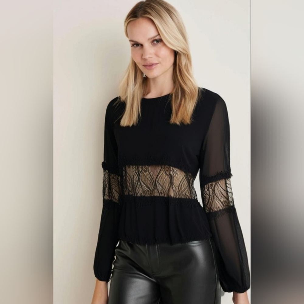 Guess Elegant Black Sheer Lace Panel Blouse